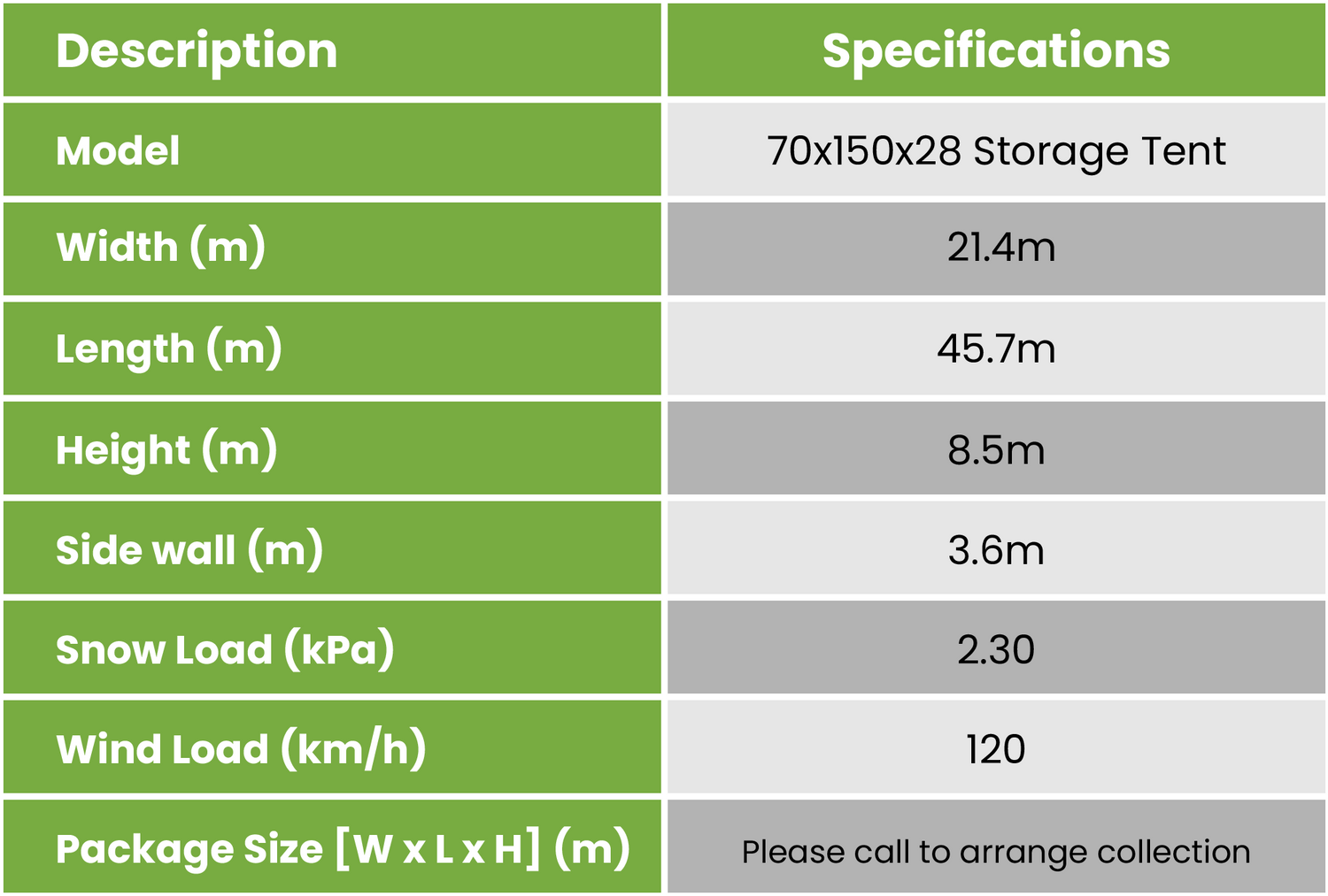 70x15x28 Storage Tent Specifications