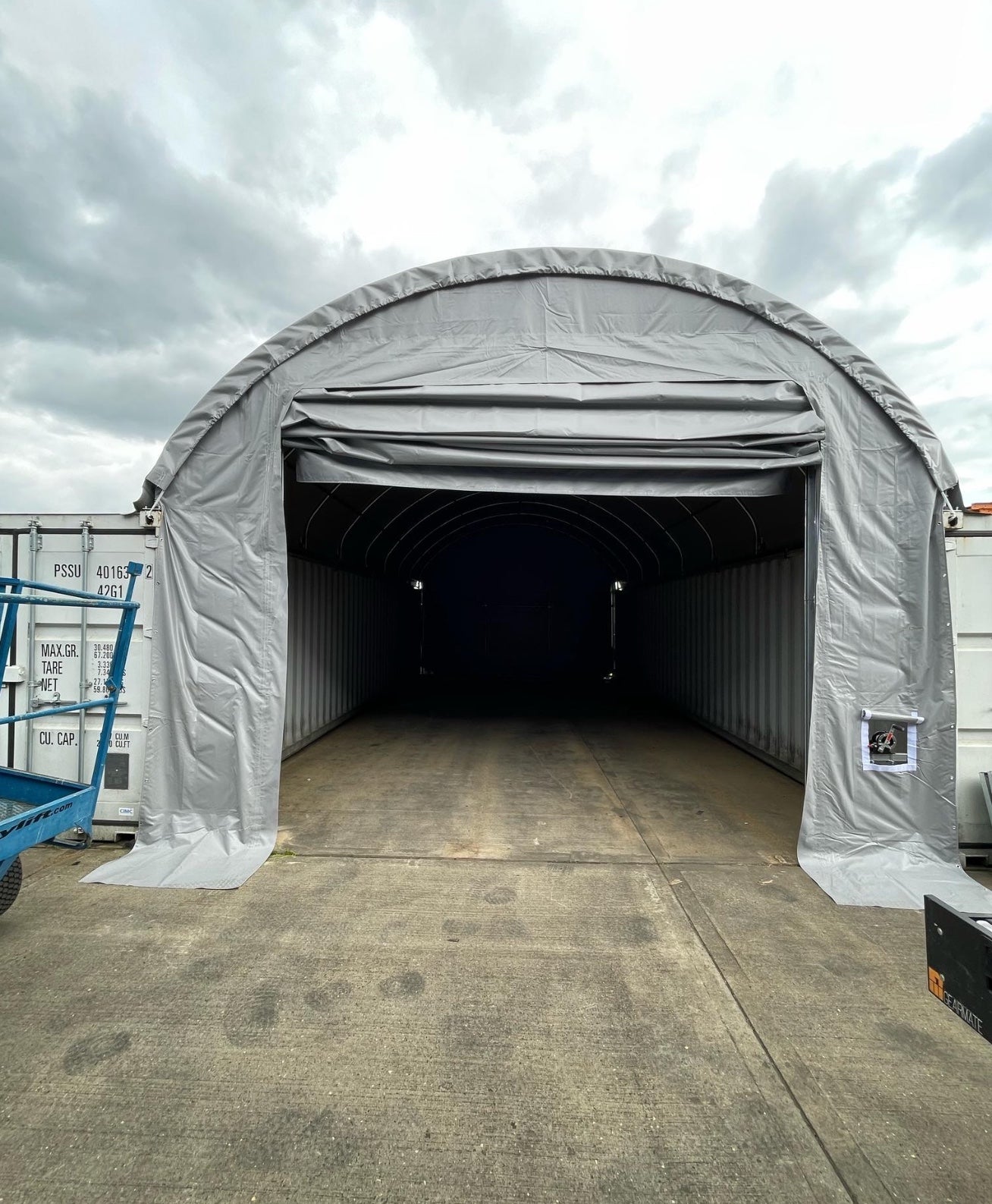A Successful Installation of a 26x20 Storage Tent with Front-Winch Door and Back Panel in Grey in Maplewood, UK