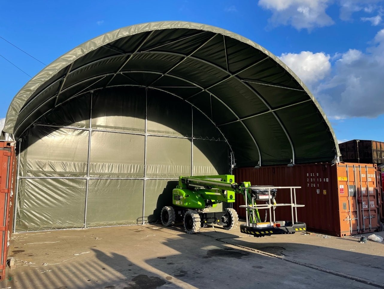 A Successful Installation of a 33x20 Storage Tent with a Closed Back Panel in Riverton, UK